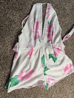 L'ATISTE White Halter Romper with Pink Floral and Green Leaves